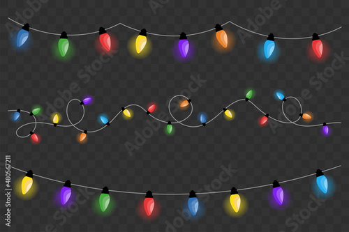 Collection of garland lights and glowing party decoration lightbulbs. Vector festive decoration isolated on dark background.