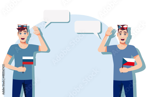 Men with Russian and Czech flags. Background for text. Communication between native speakers of Russia and Czech. Vector illustration.