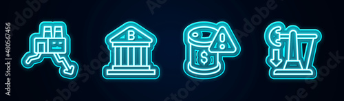 Set line Shutdown of factory, Bank building, Drop crude oil price and . Glowing neon icon. Vector