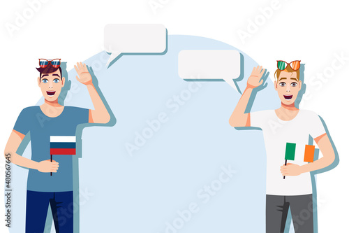 Men with Russian and Irish flags. Background for the text. The concept of sports, political, education, travel and business relations between Russia and Ireland. Vector illustration.