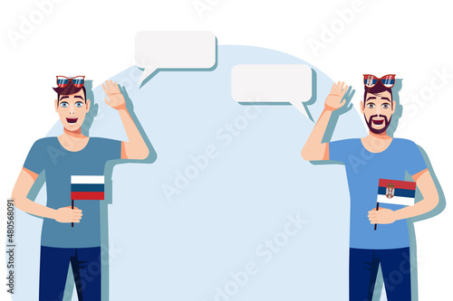 Men with Russian and Serbian flags. Background for text. Communication between native speakers of Russia and Serbia. Vector illustration.