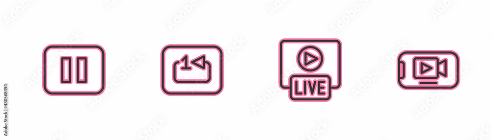 Set line Pause button, Live stream, Repeat track music player and Online video icon. Vector Set line Pause button, Live stream, Repeat track music player and Online video icon. Vector