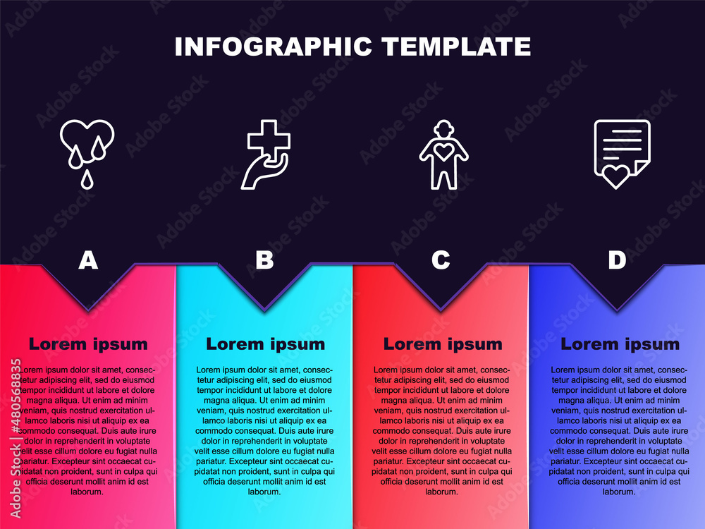 Set line Blood donation, Heart with cross, Volunteer and Envelope heart. Business infographic template. Vector Set line Blood donation, Heart with cross, Volunteer and Envelope heart. Business infographic template. Vector