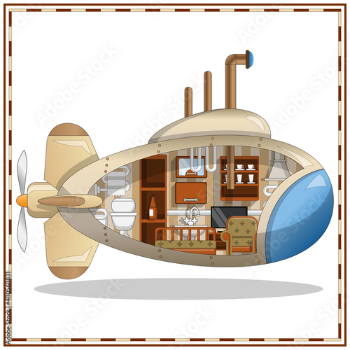 The interior of the submarine. Side view. Vector illustration.