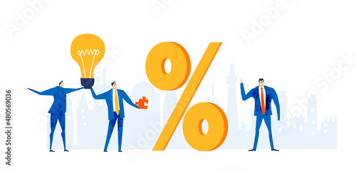 Businessman stands on big arrow and looking with the telescope for for new start up. Percentage growth, profits, lots of money, safe investment, advisory 
