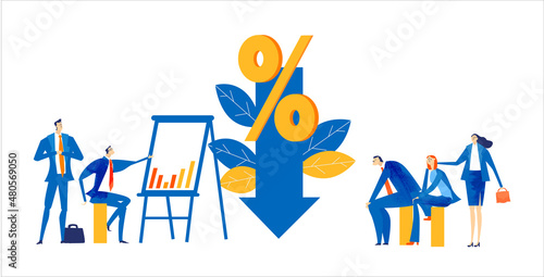 Businessman stands on big arrow and looking with the telescope for for new start up. Percentage growth, profits, lots of money, safe investment, advisory 