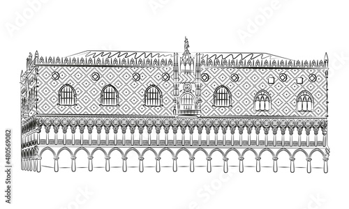 Hand-drawn rough black and white sketch of the Doges Palace in Venice, Italy. Vector line illustration of the Italian landmark