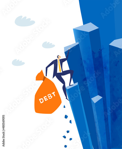 Strong businessman climbs with the heavy bag of debt. Money concept, earning and spending, budget, loan, investment and rest strategy  