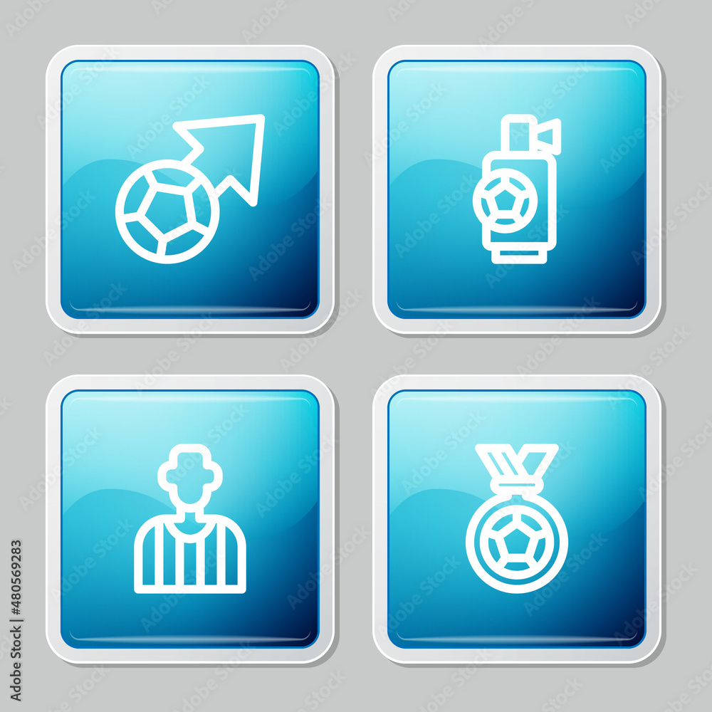 Set line Soccer football ball, Air horn, Football soccer referee and medal icon. Vector
