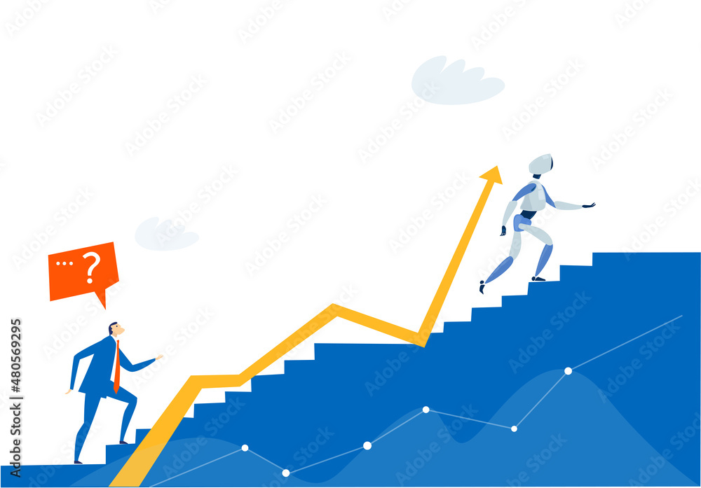 Fototapeta premium Businessman and robot climbing up the stair. Robots get priority. 