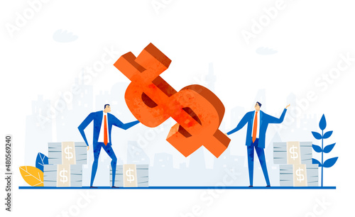 Businessman, bankers with lots of money and dollar sign. Calculating profit, safe investment strategy, advisory 