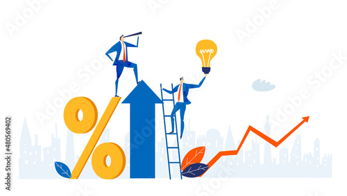 Businessman stands on big arrow and looking with the telescope for for new start up. Percentage growth, profits, lots of money, safe investment, advisory 