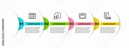 Set line Locker or changing room, Jump rope, Bathroom scales and Sport training program. Business infographic template. Vector