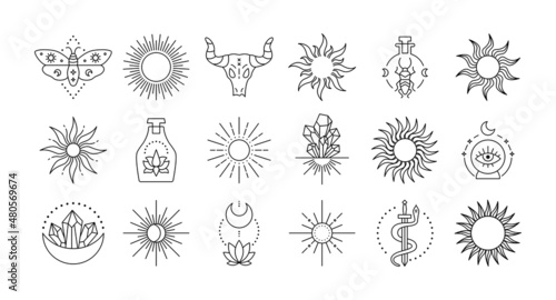 Mystic logo. Line astrology and spiritual collection of magic sun hands Moon and crystal graphic elements. Vector set