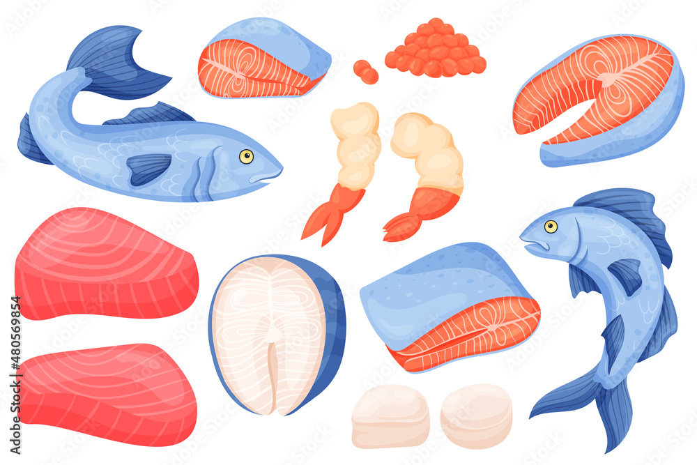 Seafood meat. Cartoon salmon tuna shrimps and white fish filet meat and steak. Vector fish isolated set