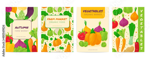 Vegetable banner. Posters with cartoon fresh vegetable patterns and place for text, healthy vegetarian organic food. Vector set