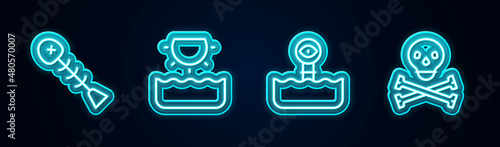 Set line Dead fish, Sun, Periscope and Skull on crossbones. Glowing neon icon. Vector