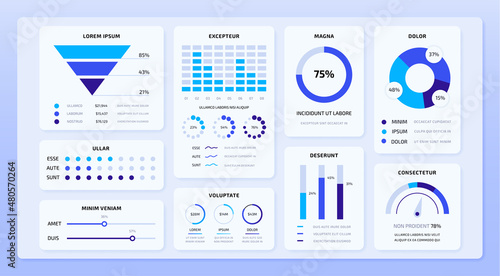 Dashboard graph chart. Financial analytics admin panel with graphic and chart, progress bar and statistic info. Vector business presentation