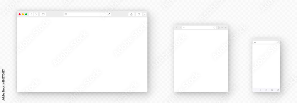 Browser window. Realistic blank browser window with toolbar and shadow. PC, tablet, laptop, computer and smartphone empty web page mockup - stock vector. - obrazy, fototapety, plakaty 