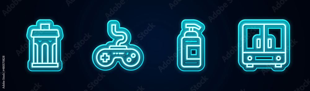 Set line Trash can, Gamepad, Antibacterial soap and Wardrobe. Glowing neon icon. Vector Set line Trash can, Gamepad, Antibacterial soap and Wardrobe. Glowing neon icon. Vector