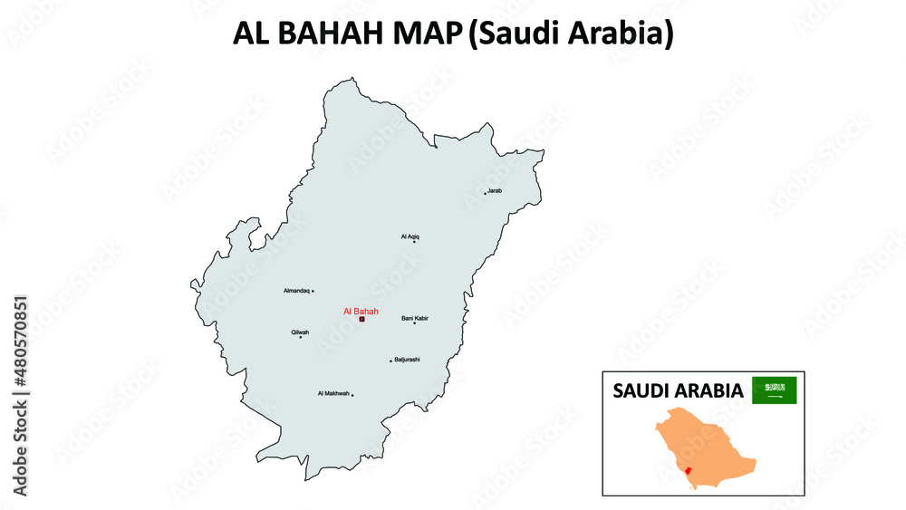 Al bahah Map. Al bahah Map of Saudi Arabia with color background and all states name.