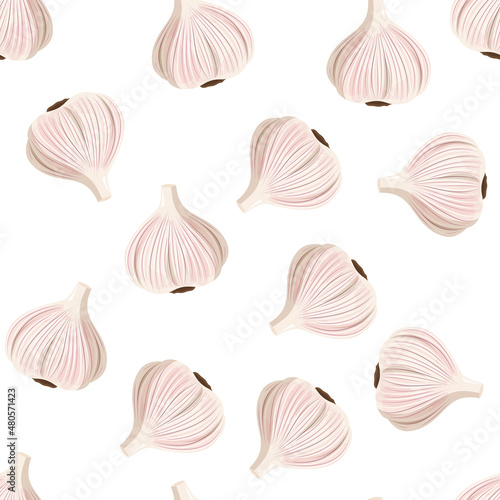 Fresh garlic background. Seamless realistic vector pattern.