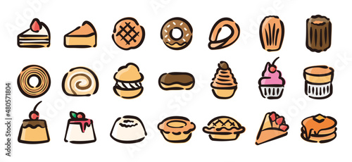 Sweets and cake icon set for graphic (Hand-drawn line, colored version)