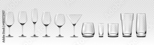 Realistic empty glass mockup. Transparent cup and cocktail stemware. 3D glassware for wine and alcohol drinks. Bar drinkware. Goblet and shot. Vector beverage serving tableware set