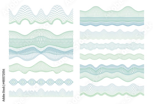 Money watermark pattern. Guilloche lines seamless ornamental borders and dividers. Diploma and certificate security. Voucher or banknote protective stripes. Vector decoration elements set