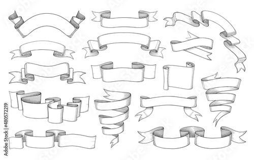 Vintage banner. Scroll ribbon sketch. Retro antique decorative element for books and stickers. Hand drawn ancient empty labels. Waving classic flag placards. Vector engraving tapes set