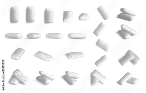Realistic chewing gum. White 3D bubblegum mint pill mockup. Peppermint candy for fresh breath. View from different angles on menthol freshener dragee. Vector dental care products set