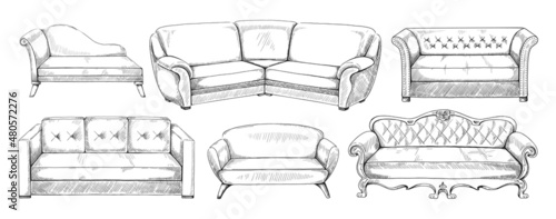 Sofa sketch. Hand drawn furniture for sitting. Interior freehand couch drawing collection. Engraving soft seats. Comfortable house armchairs. Vector apartment furnishing elements set