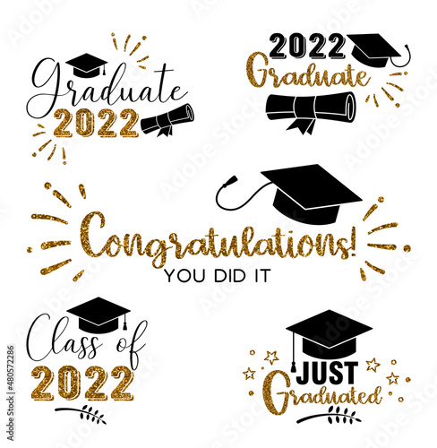 Graduation congratulations at school, university or college . Trendy calligraphy golden glitter inscription