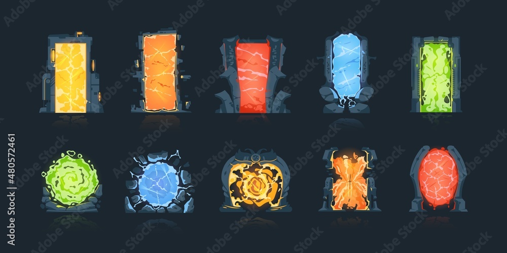 Cartoon portals. Magic fantasy game teleports. Circle and square teleportation doors. Archway or doorway with colorful lighting auras. Vector gates set for transition between dimensions - obrazy, fototapety, plakaty 