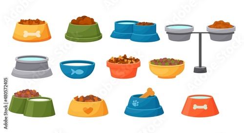 Pet food bowl. Cat and dog cartoon containers with wet and dry meal, water and milk. Canine or feline feed dishes. Kittens or puppies accessories. Vector domestic animals feeding plates set