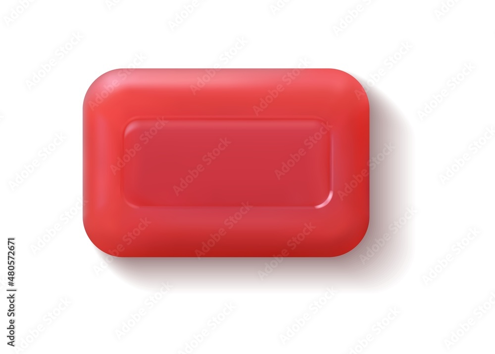 Rectangular red soap bar. Realistic hand washing detergent. 3D hygienic cleaning product. Square beauty bath soapy cleanser. Cosmetic skin care toiletry. Vector top view of spa cleaner Rectangular red soap bar. Realistic hand washing detergent. 3D hygienic cleaning product. Square beauty bath soapy cleanser. Cosmetic skin care toiletry. Vector top view of spa cleaner