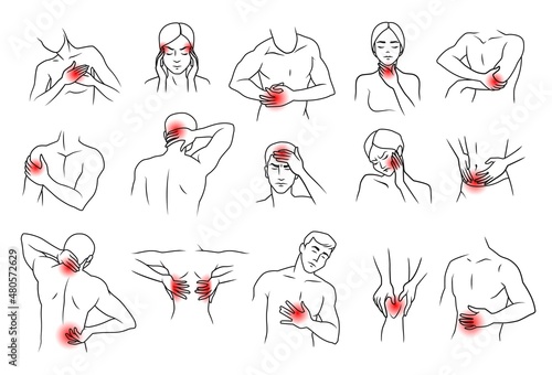Body pain icon. Human muscle neck back joint and elbow chronic ache. Painful symptoms of disease. Inflammation and injury points. Medical infographic. Vector anatomy sketch isolated set