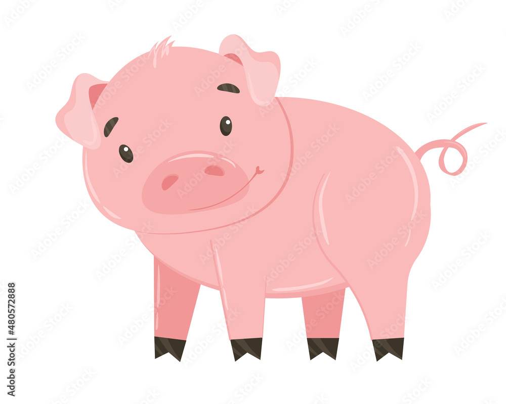 Pink pig or piggy isolated on white background. Vector drawing of a funny cartoon pig, farm livestock or pet. Colorful childish hand drawn vector illustration in modern flat style Pink pig or piggy isolated on white background. Vector drawing of a funny cartoon pig, farm livestock or pet. Colorful childish hand drawn vector illustration in modern flat style