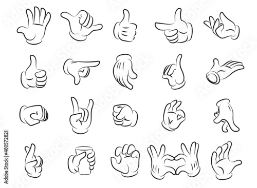 Cartoon hand gestures. Human character body parts with emotion expressions. Arm fingers and fist clipart sketch. Isolated palms in gloves pointing or gesturing. Vector limbs poses set