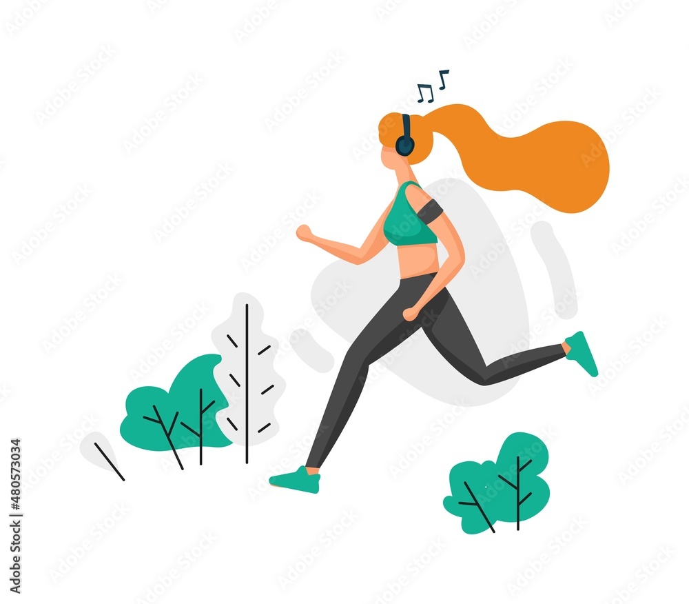 Vetor de Girl running in park and listen to music or podcast. Woman jogging  outdoor. Healthy lifestyle. Runner in headset exercising. Athlete training  with musical player. Vector sport workout do Stock