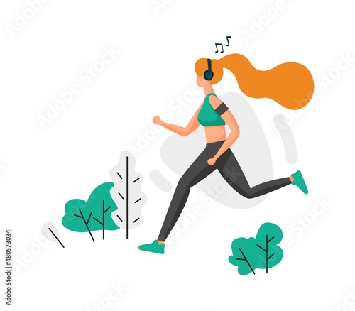 Girl running in park and listen to music or podcast. Woman jogging outdoor. Healthy lifestyle. Runner in headset exercising. Athlete training with musical player. Vector sport workout