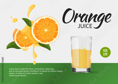 Design template of food theme article. Colorful banner with properties of orange. Healthy organic food.