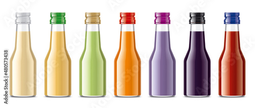 Set of Glass Bottles with non-transparent Juices. 