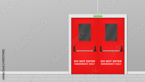 Fire exit realistic vector illustration. Red metallic emergency door for evacuate leave building