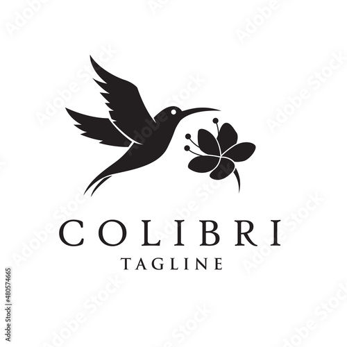 icon of flying colibri and flower isolated on white background
