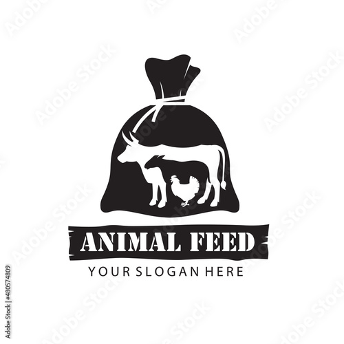 farm animals feed in sack with cow, chicken and sheep isolated on white background