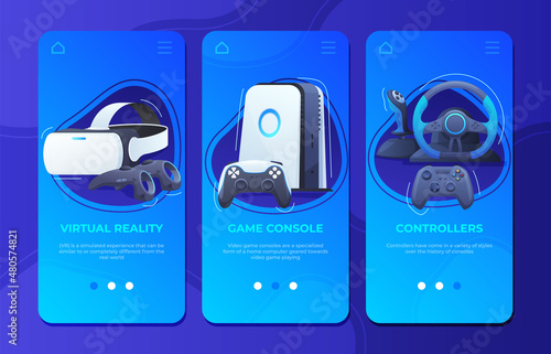 Gaming accessory landing page vertical GUI screen collection vector flat internet store homepage