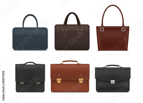 Realistic briefcase collection vector illustration. Stylish business accessories for paper documents photo