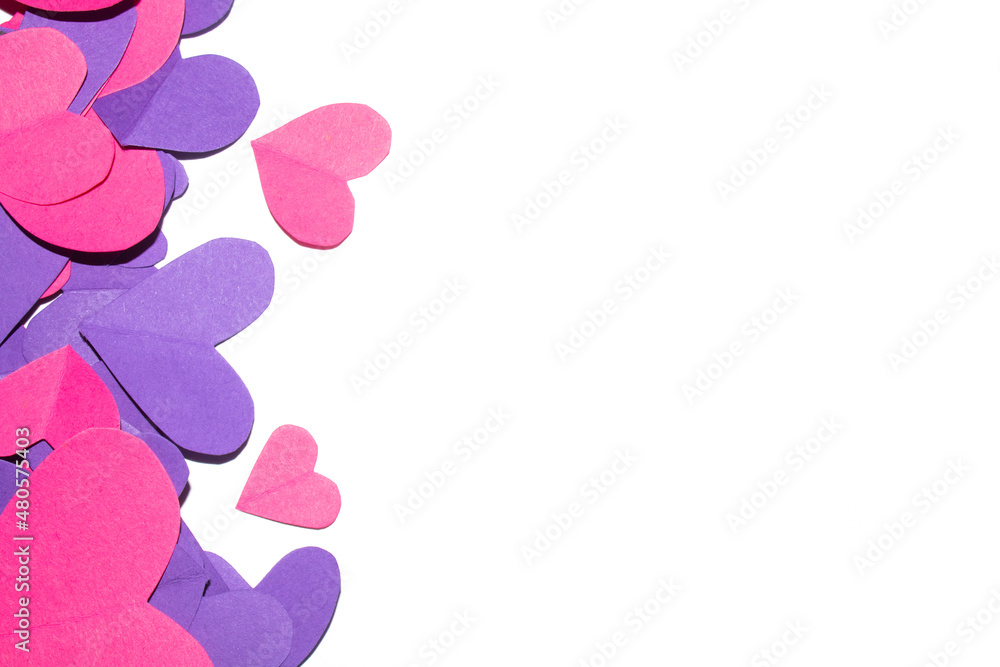 Pink and Purple Paper Love Hearts Cut Out on White Background for Valentines Day or Weddings