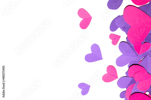 Pink and Purple Paper Love Hearts Cut Out on White Background for Valentines Day or Weddings